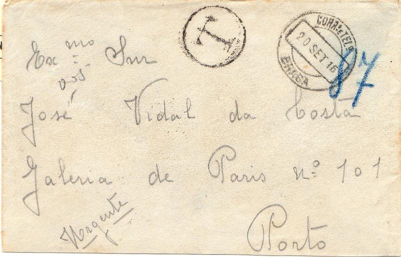 0038 f.jpg -     Lote:    38 (frente)      J. M. Castanheira da Silveira             Descrição:         1915 &mdash; Porteado. Emissão regular. Valor em centavos. 1912 &mdash; Ceres. CE211, 2 &frac12; c em sobrescrito circulado de Braga (20.09.16) para o Porto. Por o selo já ter servido foi considerado nulo e porteado em 5c (dobro do porte em falta) com selo de 5c CE POR26. B e R.        Carta       Valor Base:     &euro; 25,00     Valor Venda:     &euro;      